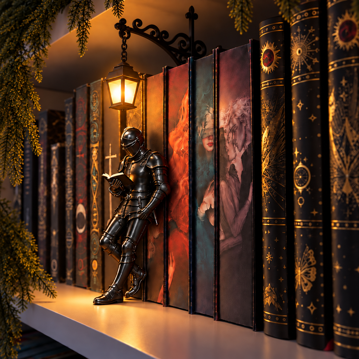 Chevalier lecteur Noir avec Lanterne dans une bibliothèque